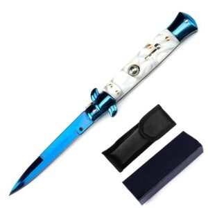 Navaja automática AKC Blue Branch de titanio con carcasa blanca y estilete, calibre 8.75