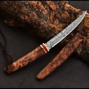 Double Dragon Damascus Navaja de bolsillo with Wooden Handle